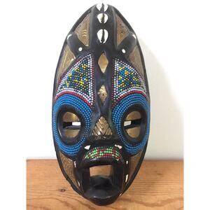 Vtg Ghana Kenya Carved African Beaded Brass Wood Tribal Ceremonial Face Mask 12"